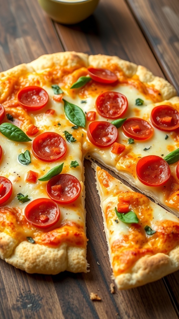 Cauliflower crust pizza with cheese and toppings on a wooden table.